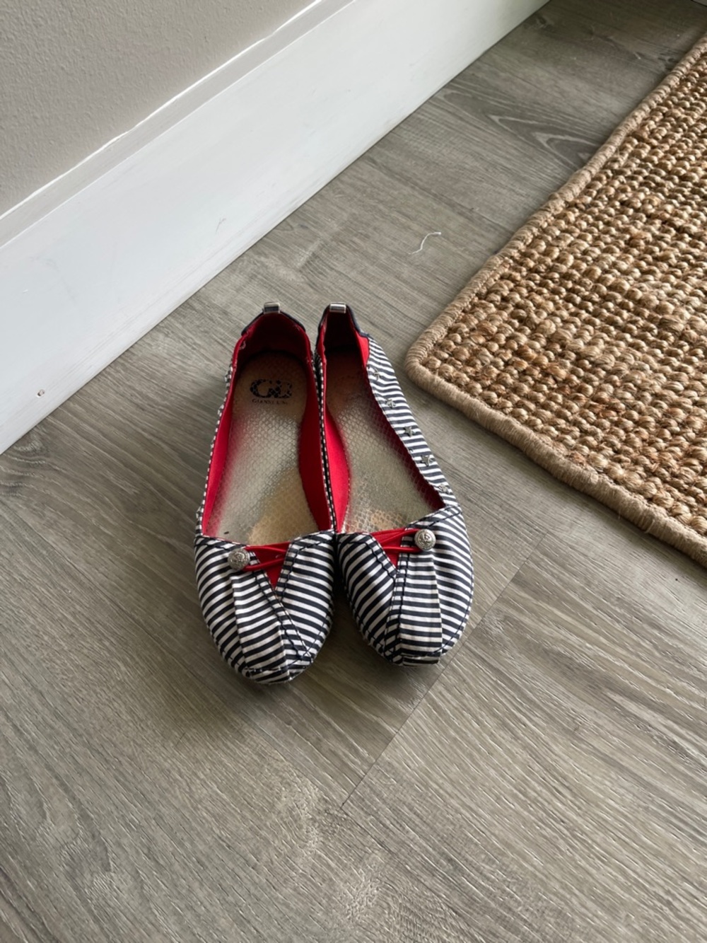 Gianni Bini Black & White Striped Flats with Red Trim